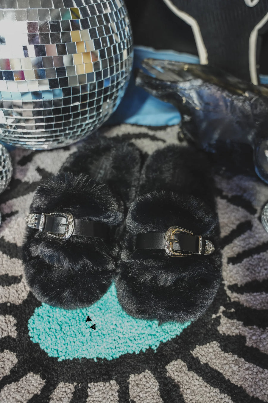 Fuzzy Buckle Slippers Black