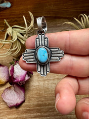 Zia Symbol Pendant with Golden Hill Turquoise – Sterling Silver – Native Made by KB
