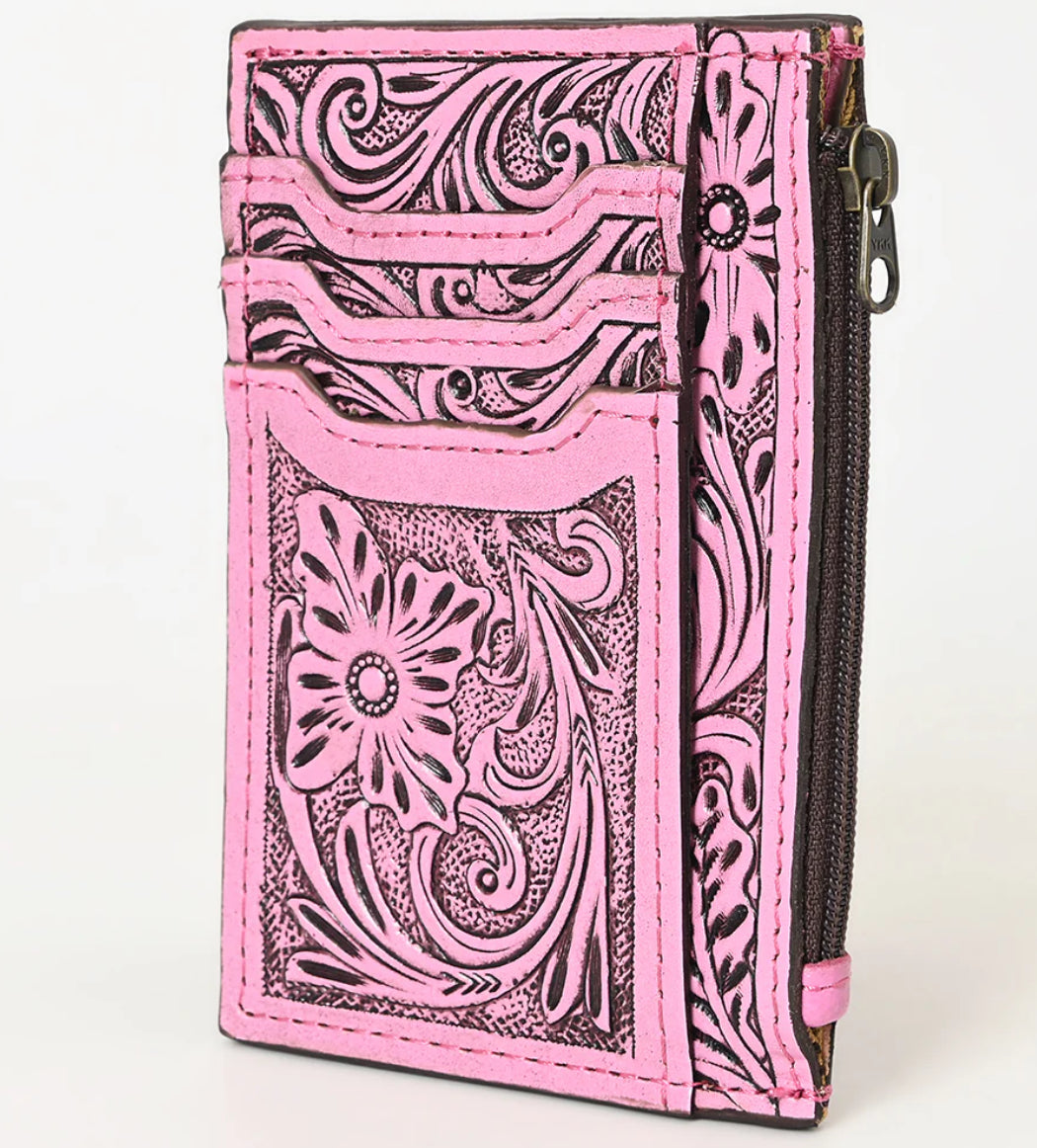 Pink tooled leather cardholder wallet