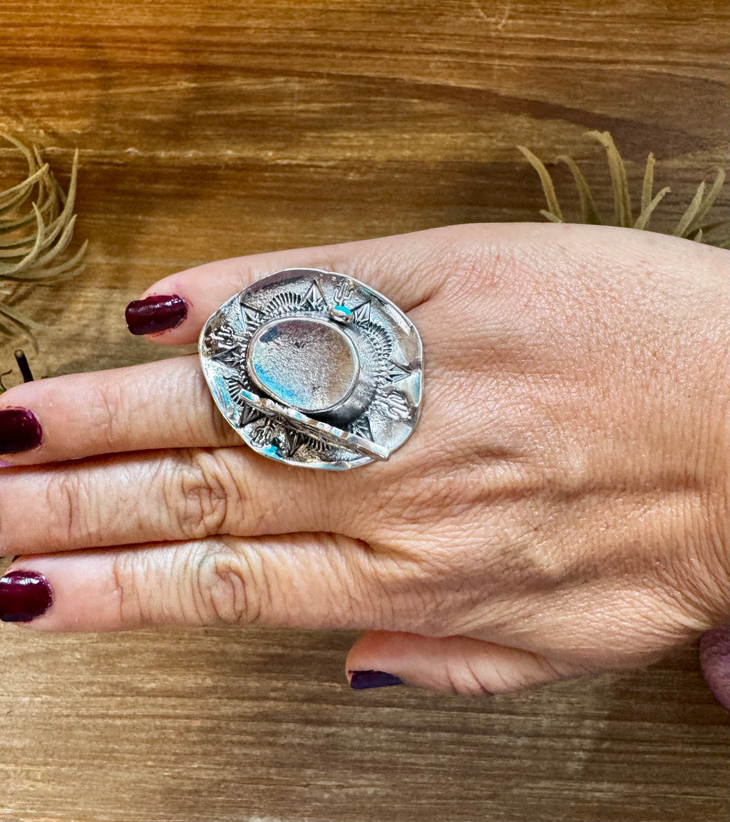 Adjustable Cowboy Hat Ring – Kingman Turquoise – Sterling Silver – Navajo Handmade by Robby Manuelito – USA