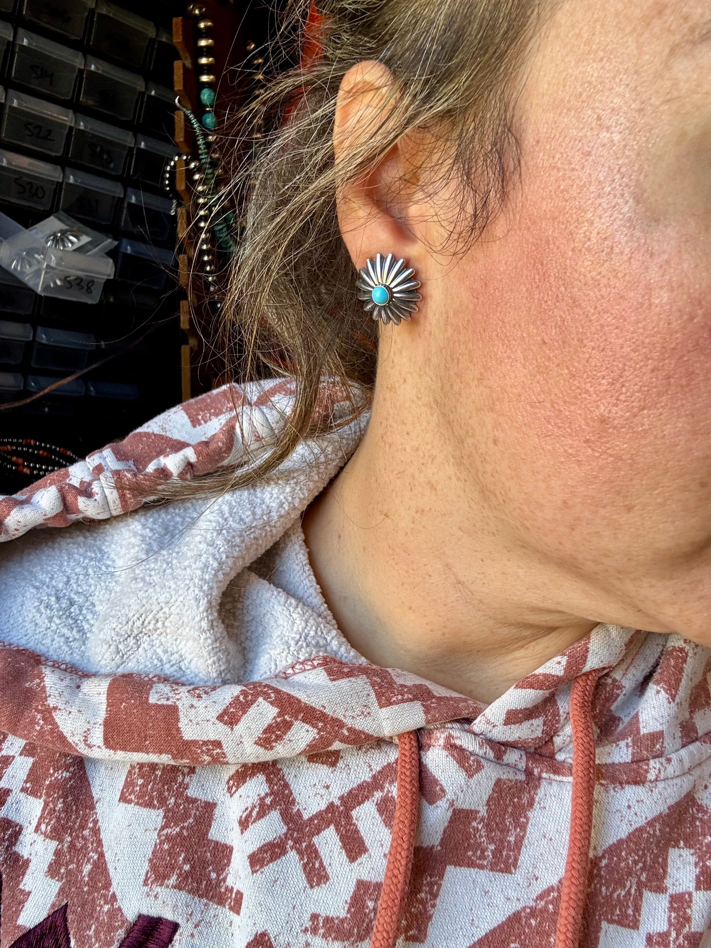 Small Sterling Silver Concho Earrings with Kingman Turquoise – Made in the USA