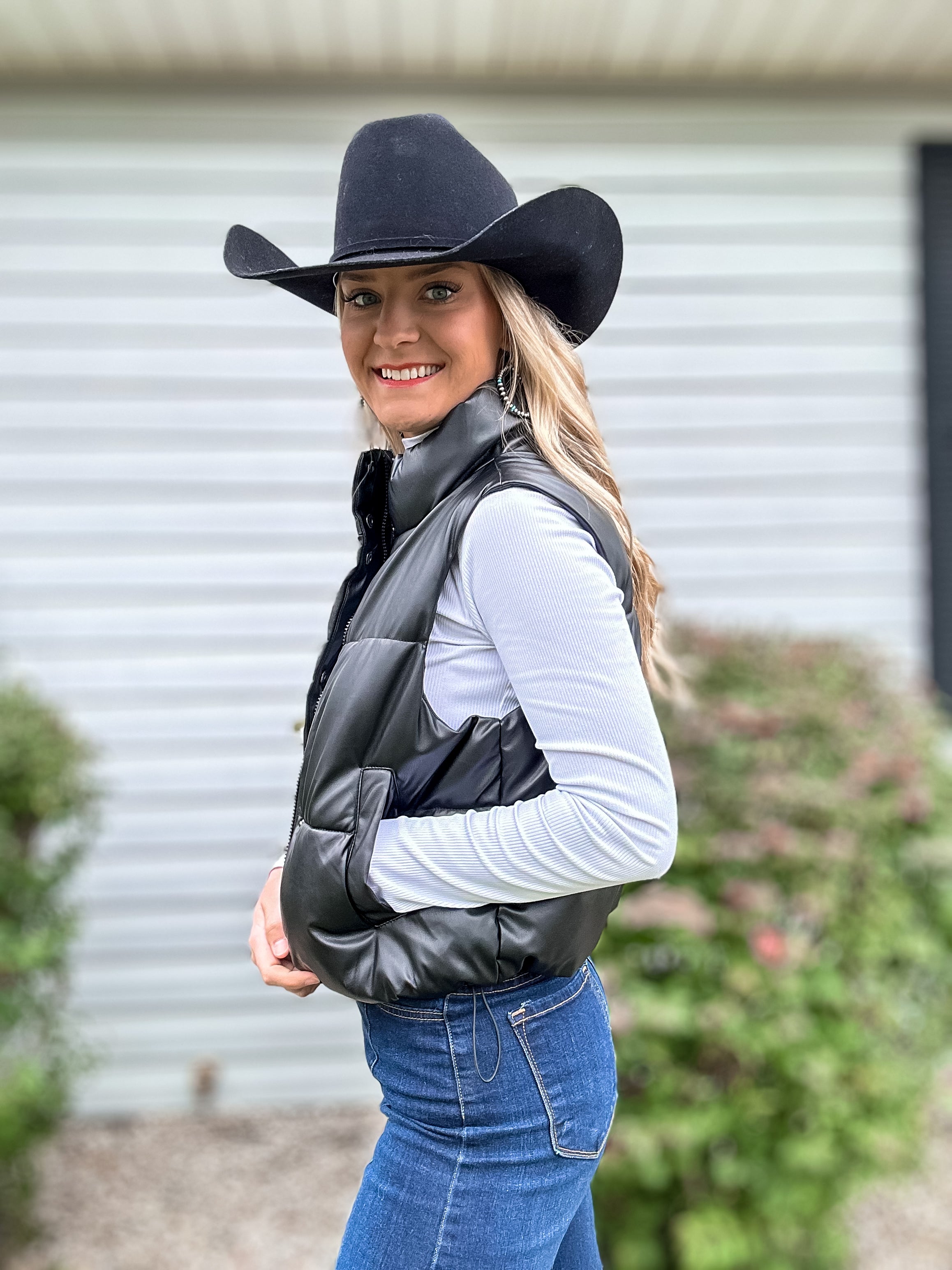 Faux Leather Puffer Vest Black