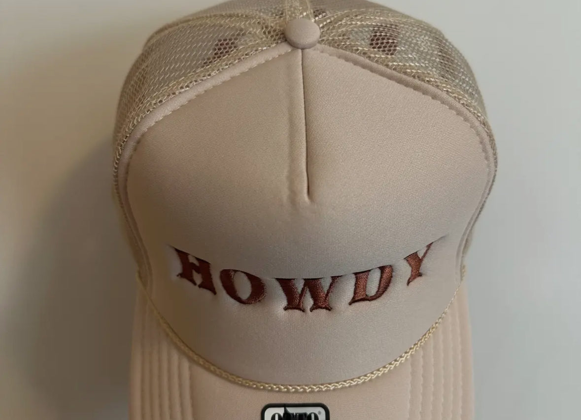 Howdy Embroidered Trucker Hat (Tan)