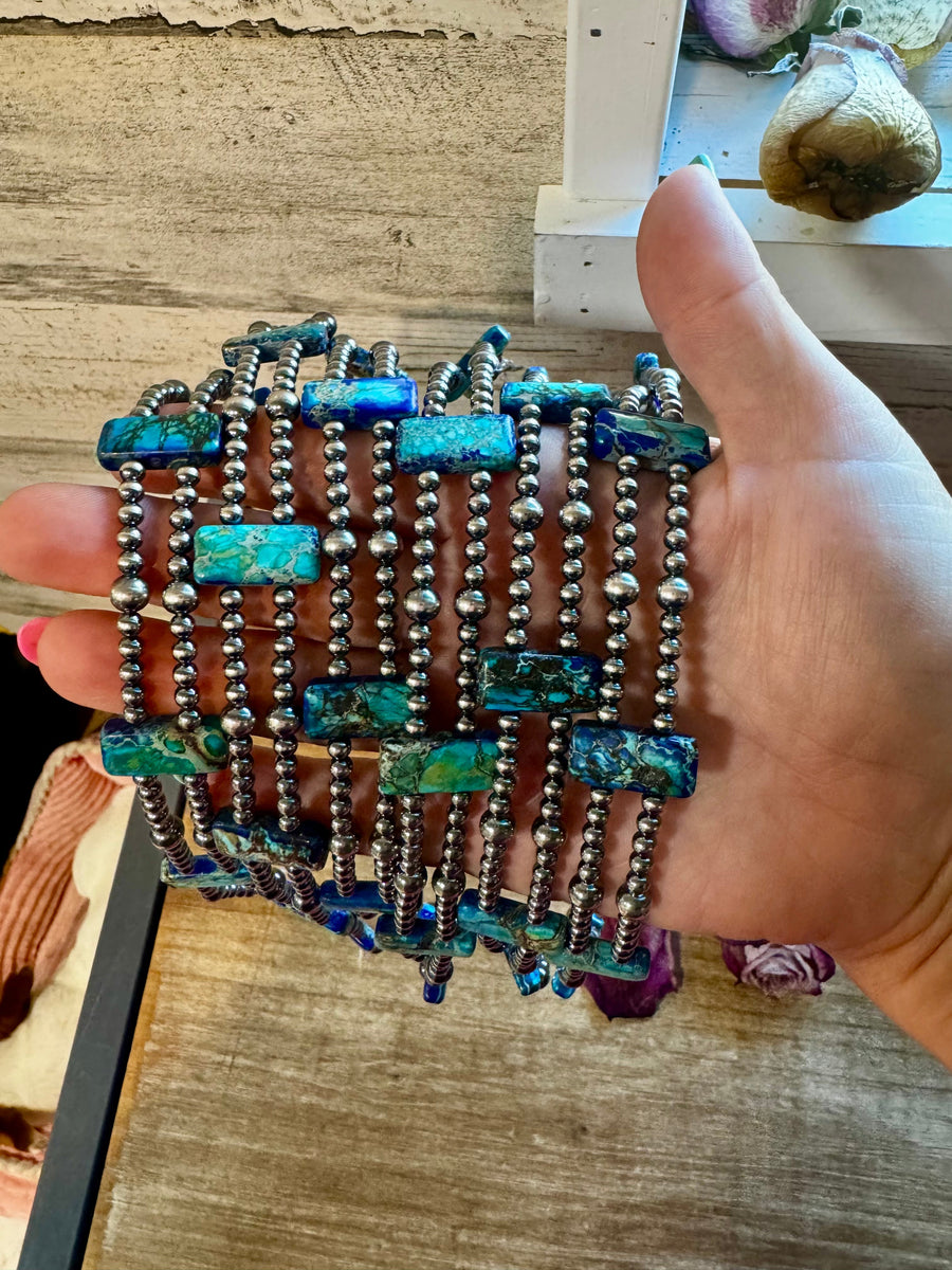 Navy Double Strand Necklace – 13” Beaded – Sterling Silver Pearls & Rectangle Variscite