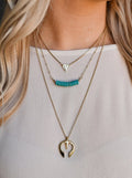 burnished gold 3 tier necklace with triangle and turquoise bead designs.