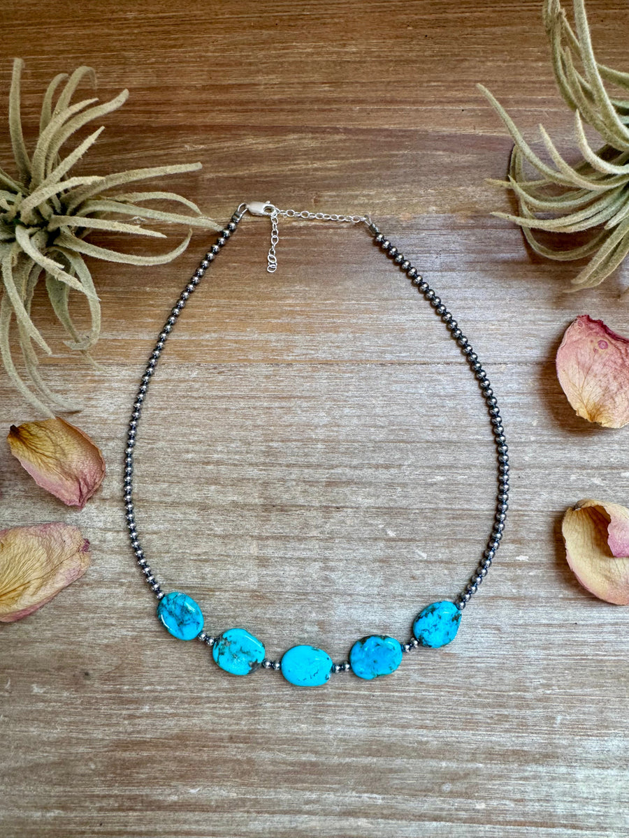 15-Inch Flat Blue Turquoise & Sterling Silver Pearl Choker