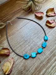 15-Inch Flat Blue Turquoise & Sterling Silver Pearl Choker