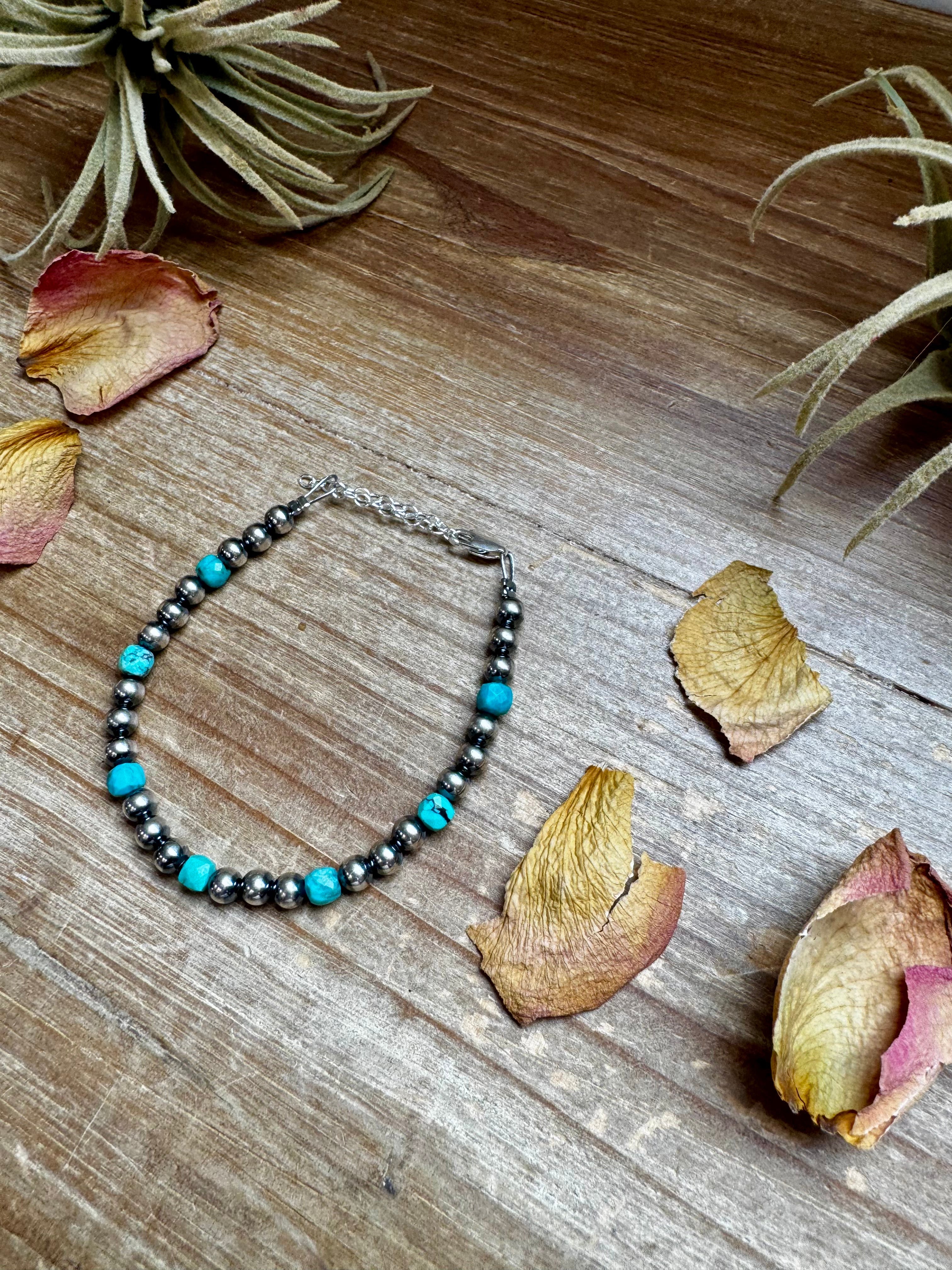 5mm Sterling Silver Pearl & Faceted Turquoise Bracelet