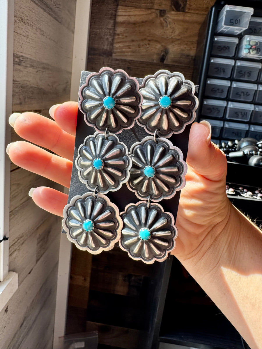 Triple Concho Dangle Earrings with Kingman Turquoise – Sterling Silver, Post Top