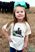 Cream colored t-shirt with a colorful barrel racer design.