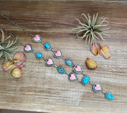 Lariat Necklace – Golden Hill Turquoise & Pink Conch Heart – 34” Adjustable Statement Piece