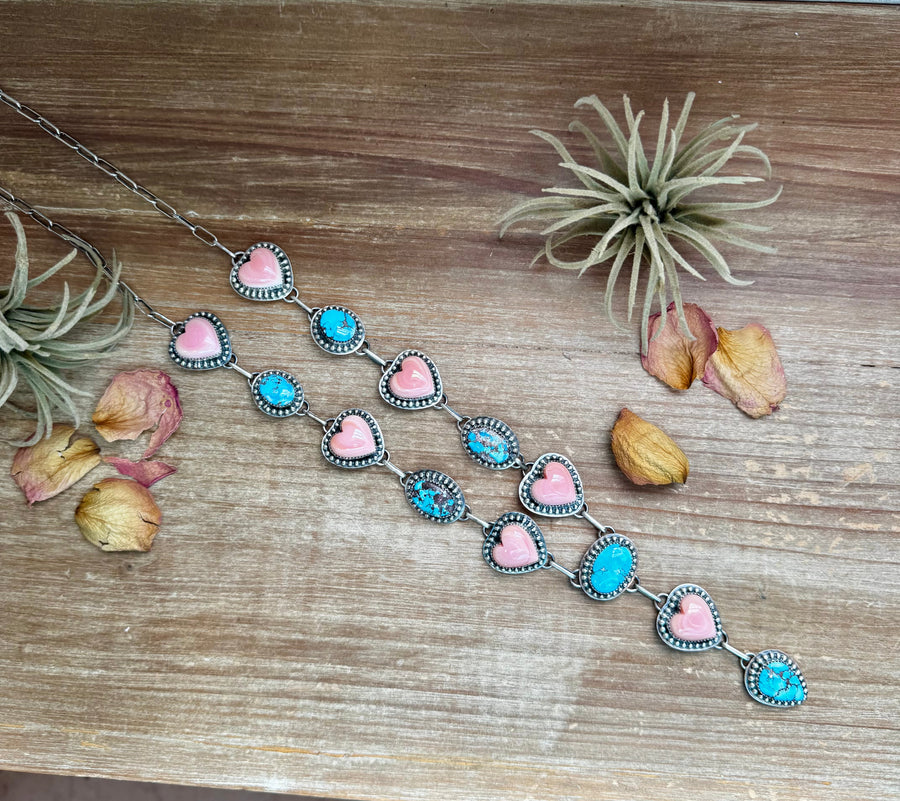 Lariat Necklace – Golden Hill Turquoise & Pink Conch Heart – 34” Adjustable Statement Piece