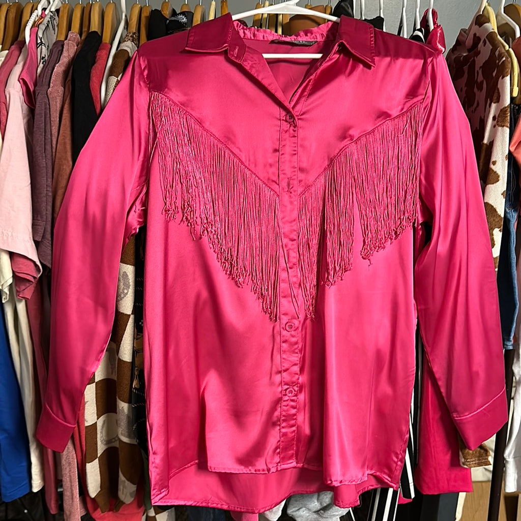 Blue B hot pink fringe button down