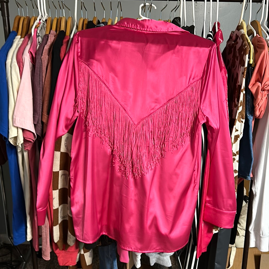Blue B hot pink fringe button down