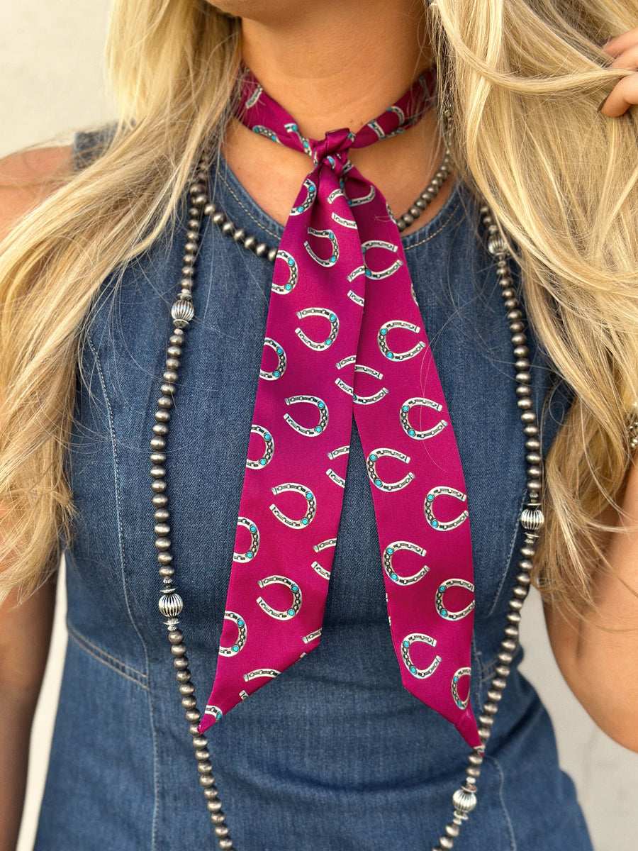 Hot pink Twilly scarf with horseshoes 
