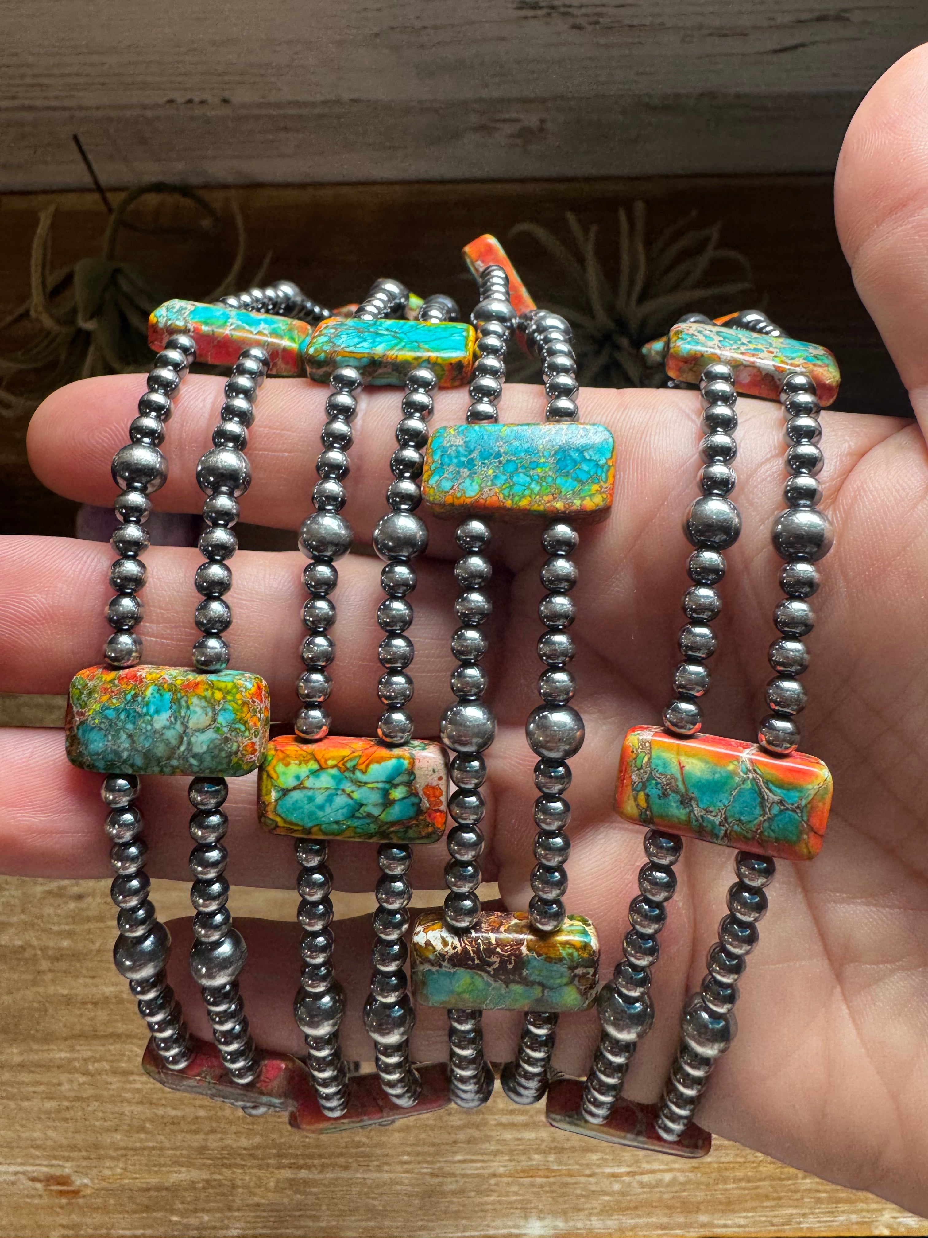 Orange/Turquoise Double Strand Necklace – 13” Beaded – Sterling Silver Pearls & Rectangle Variscite