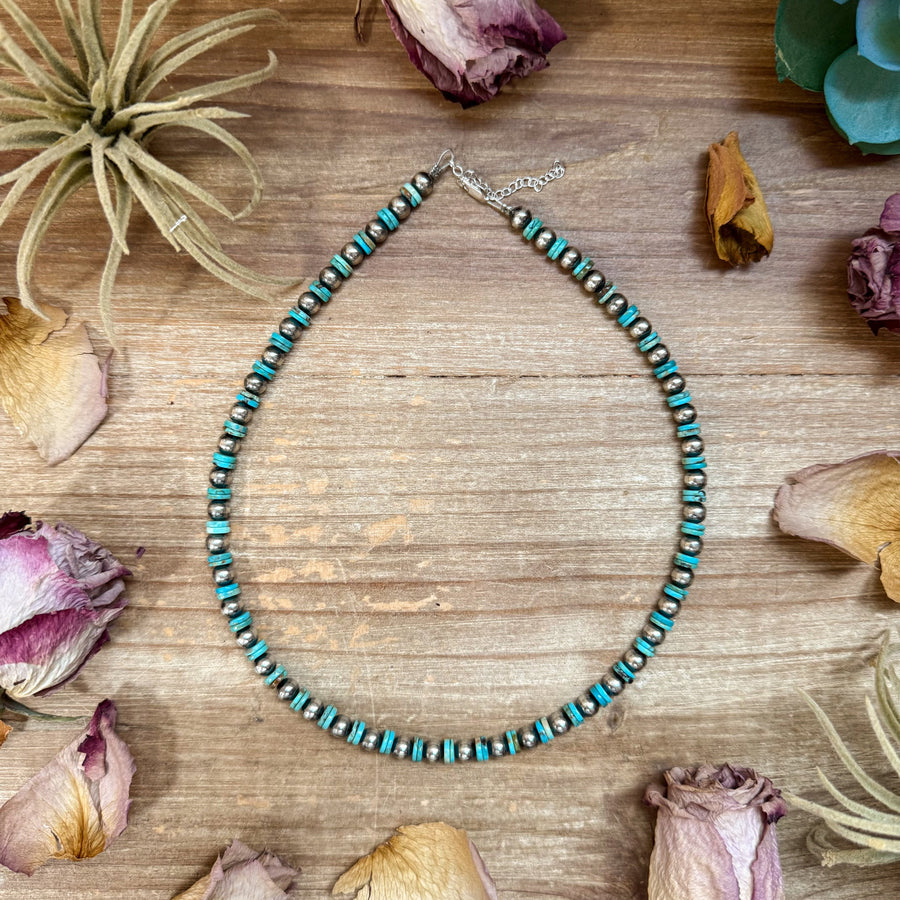 Sterling Silver & Turquoise Heishi Necklace – 16.5” – 6 mm Sterling Pearls