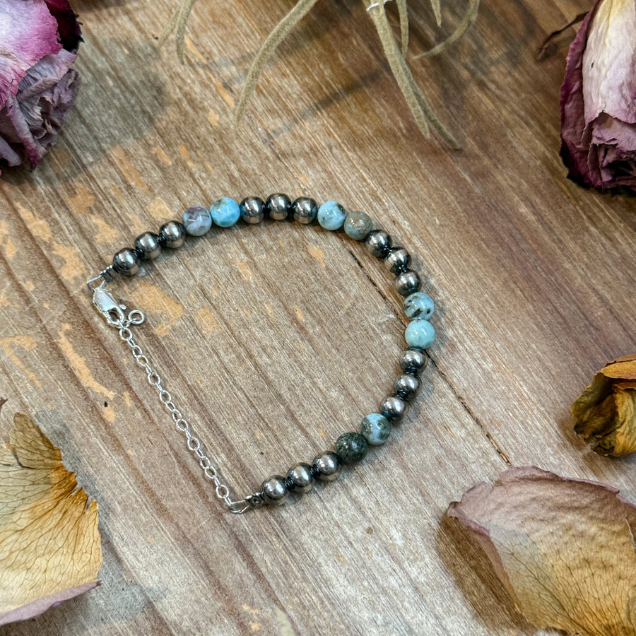 Sterling Silver & Larimar Bracelet  – 6 mm Beads