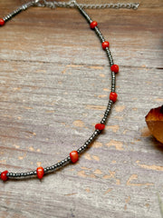 Antique Silver Seed Bead & Dyed Red Coral Choker – 14”