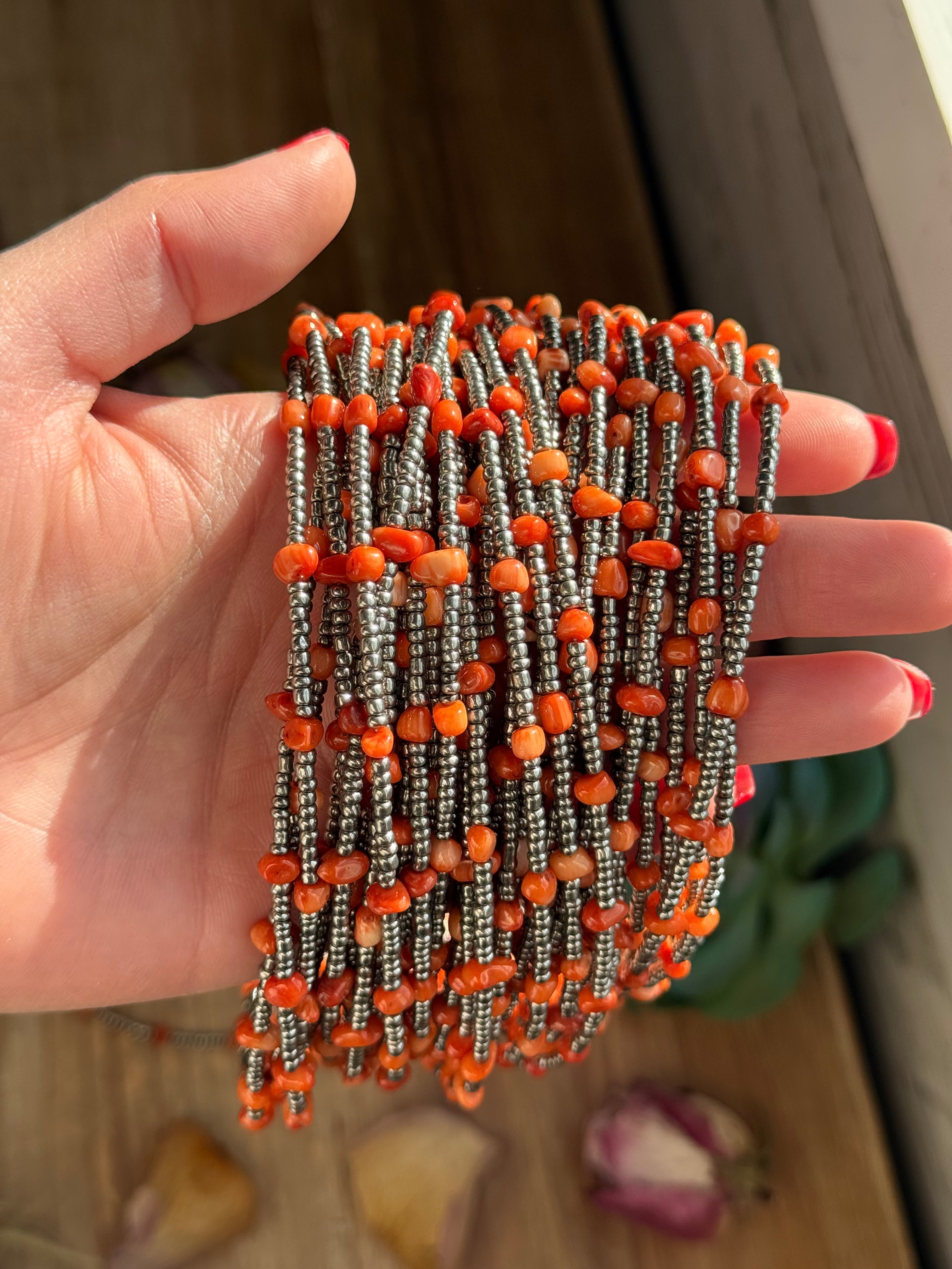 Antique Silver Seed Bead & Dyed Red Coral Choker – 14”