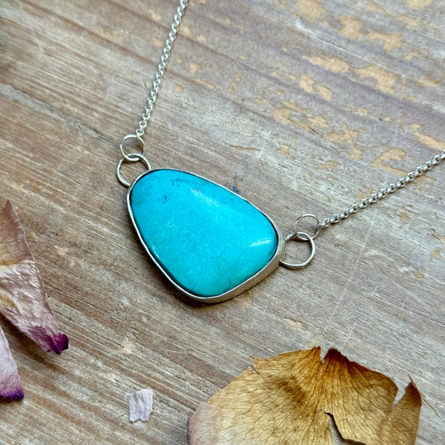 Sterling Silver Chain Necklace with Freeform Turquoise Pendant – 16”
