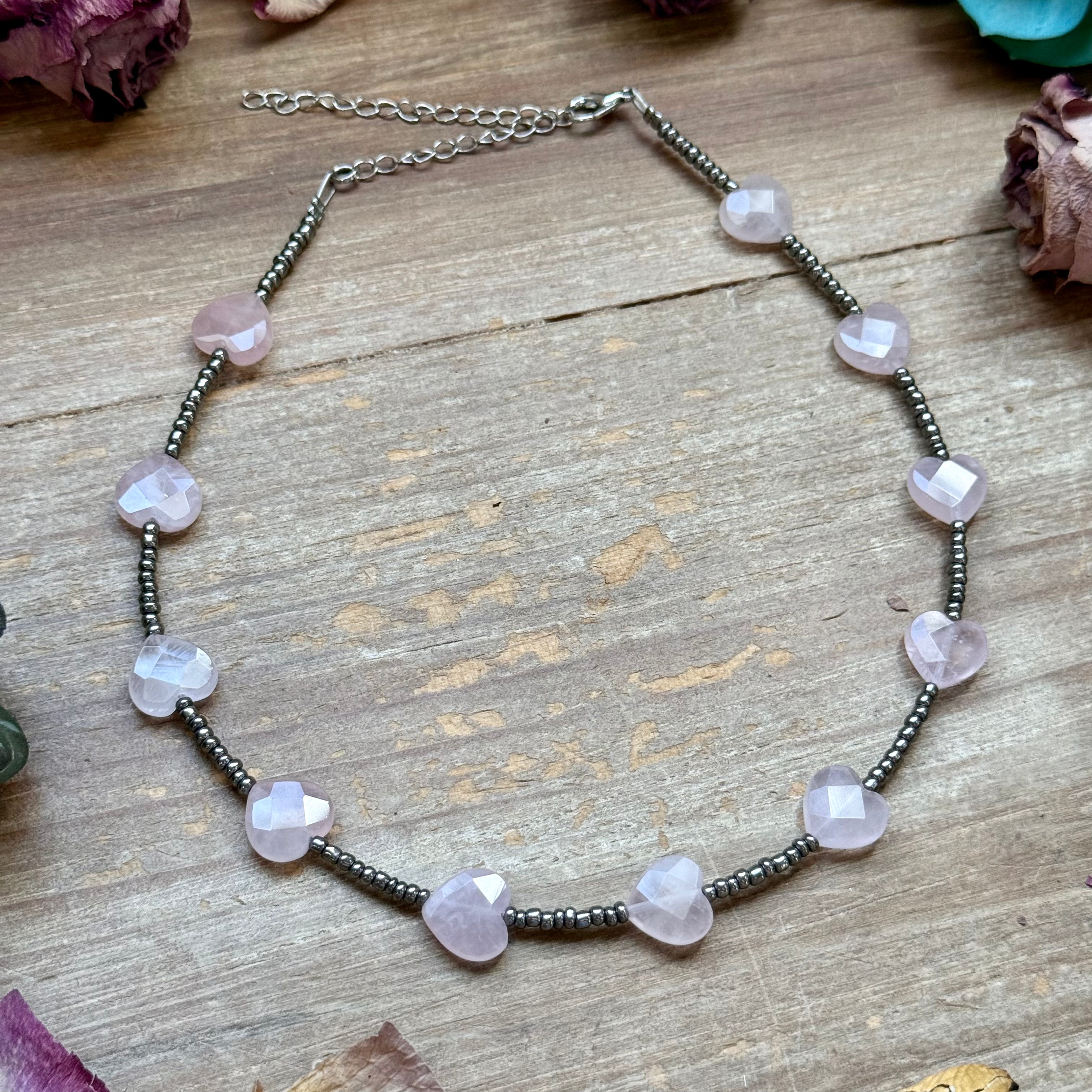 Rose Quartz Heart Seed Bead Choker