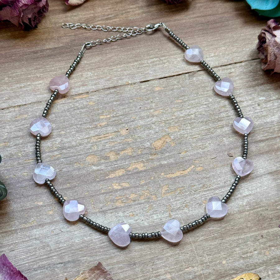 Rose Quartz Heart Seed Bead Choker