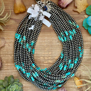 Sterling Silver Pearl Necklace with Turquoise & Variscite Rondelles – 19.5”