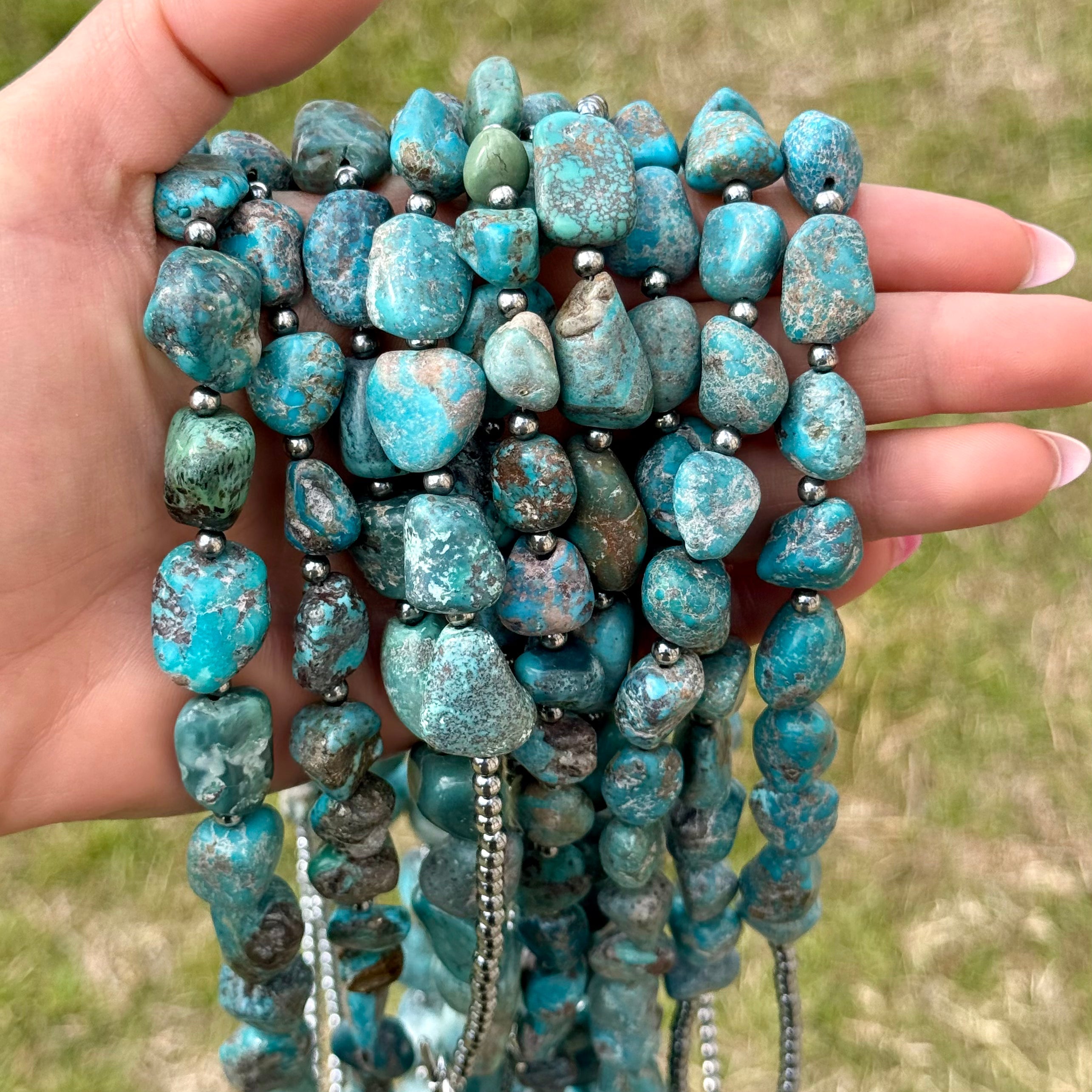 Blue Turquoise Nugget Necklace – Sterling Silver – 24”