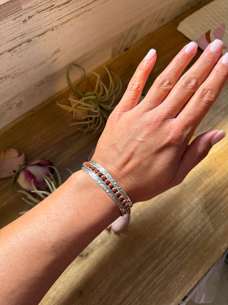 Red Coral Sterling Silver Cuff Bracelet – Stamped JPukestine