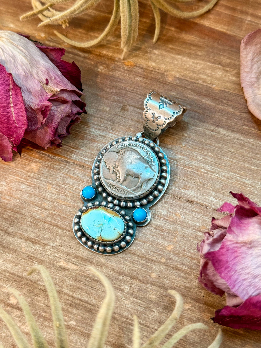 Golden Hills & Kingman Turquoise Pendant with Buffalo Coin