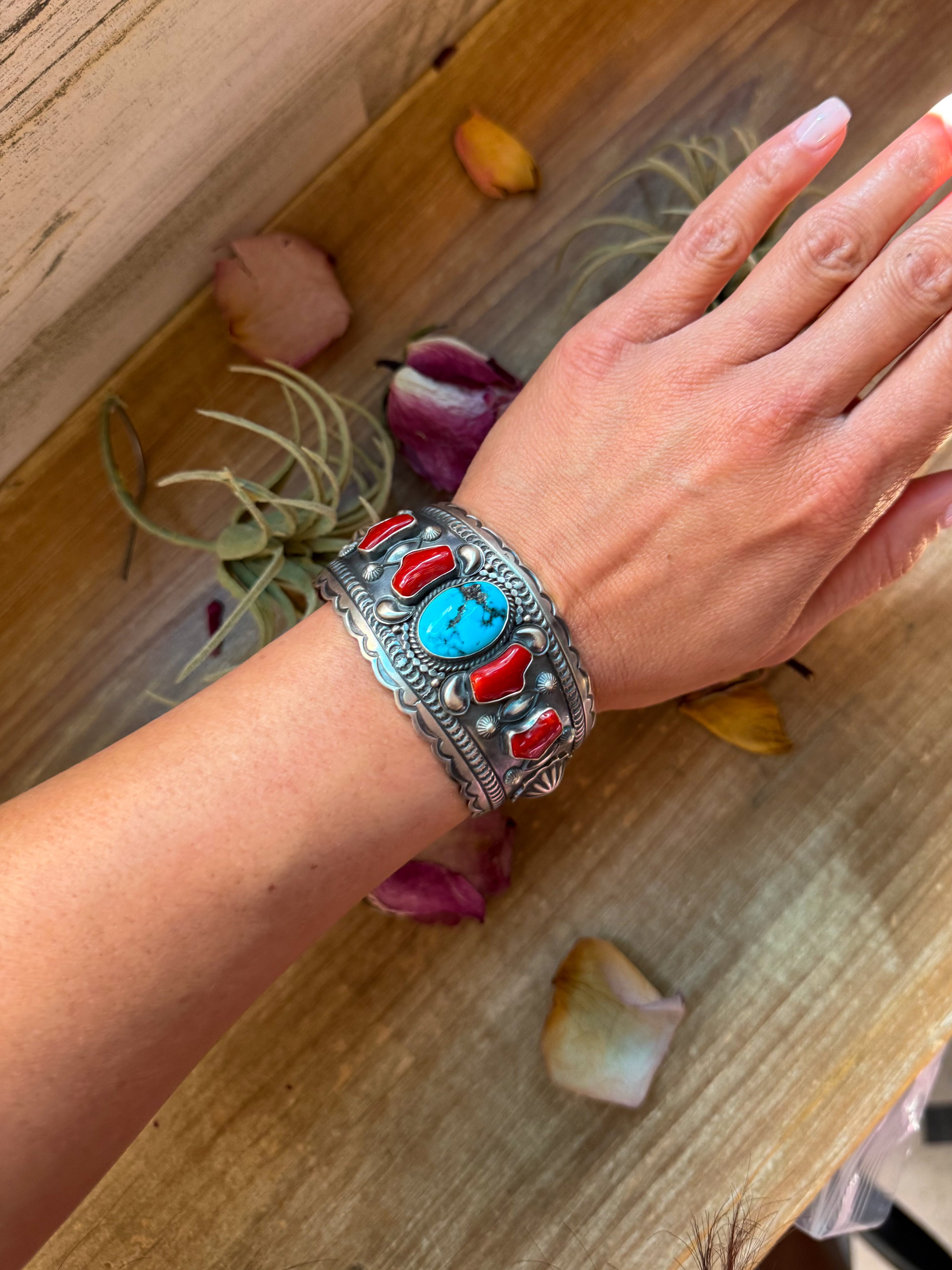 Coral & Turquoise Sterling Silver Cuff Bracelet – Stamped Errick