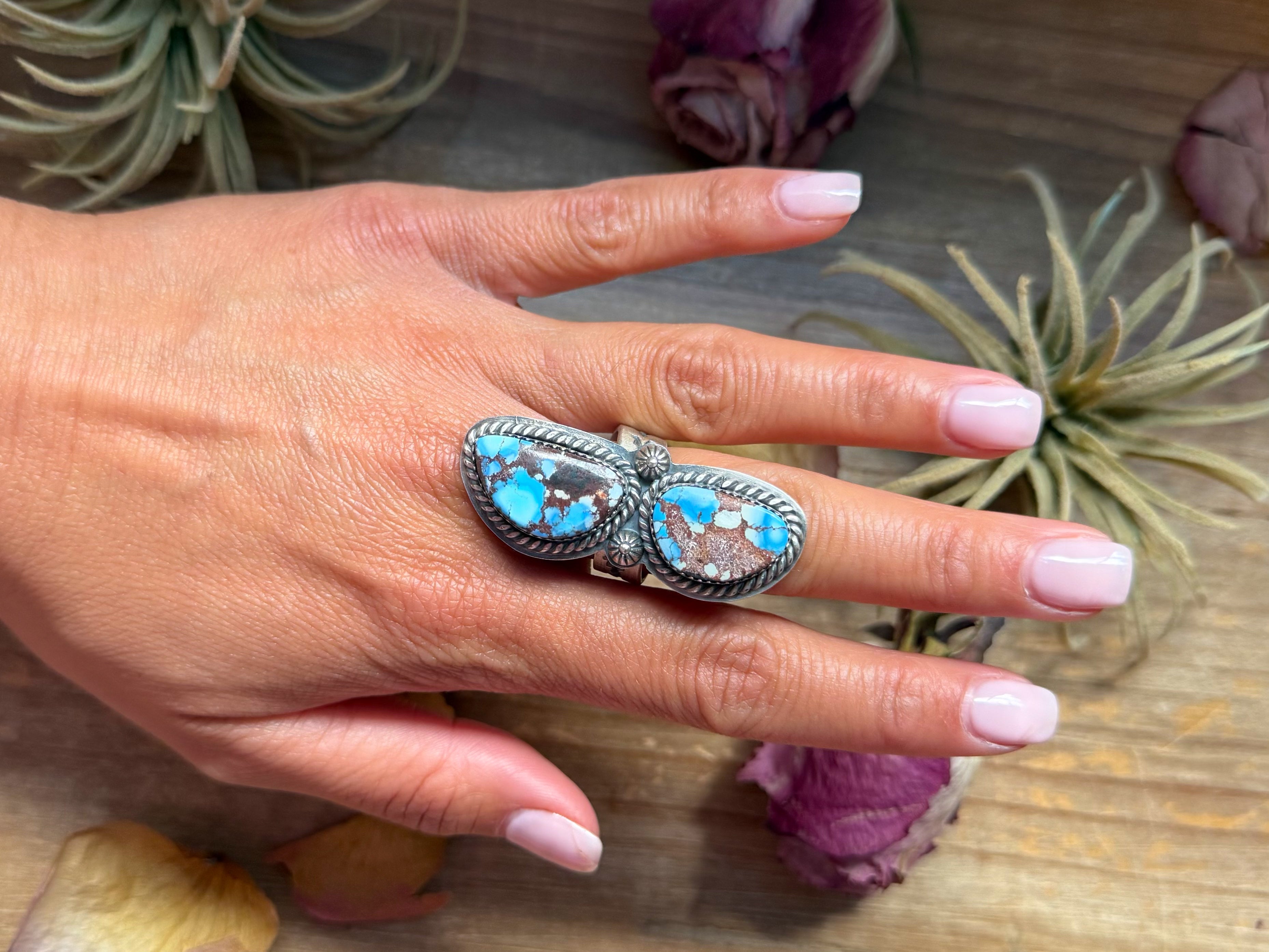 2-Stone Golden Hills Turquoise Sterling Silver Ring – Adjustable