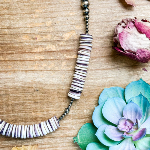 19.5” Wampum Shell Necklace – 3–8mm Sterling Silver Pearls