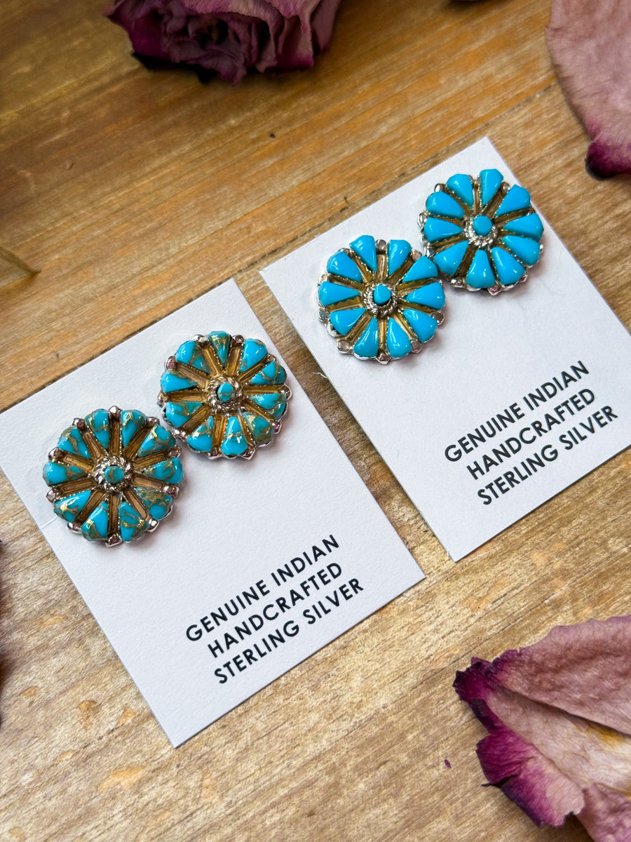 Sterling Silver Magnetite Turquoise Cluster Stud Earrings – Handmade in USA