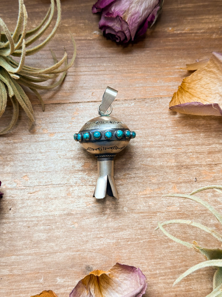 Sterling Silver Blossom Pendant with Kingman Turquoise – Native Made by M.S.