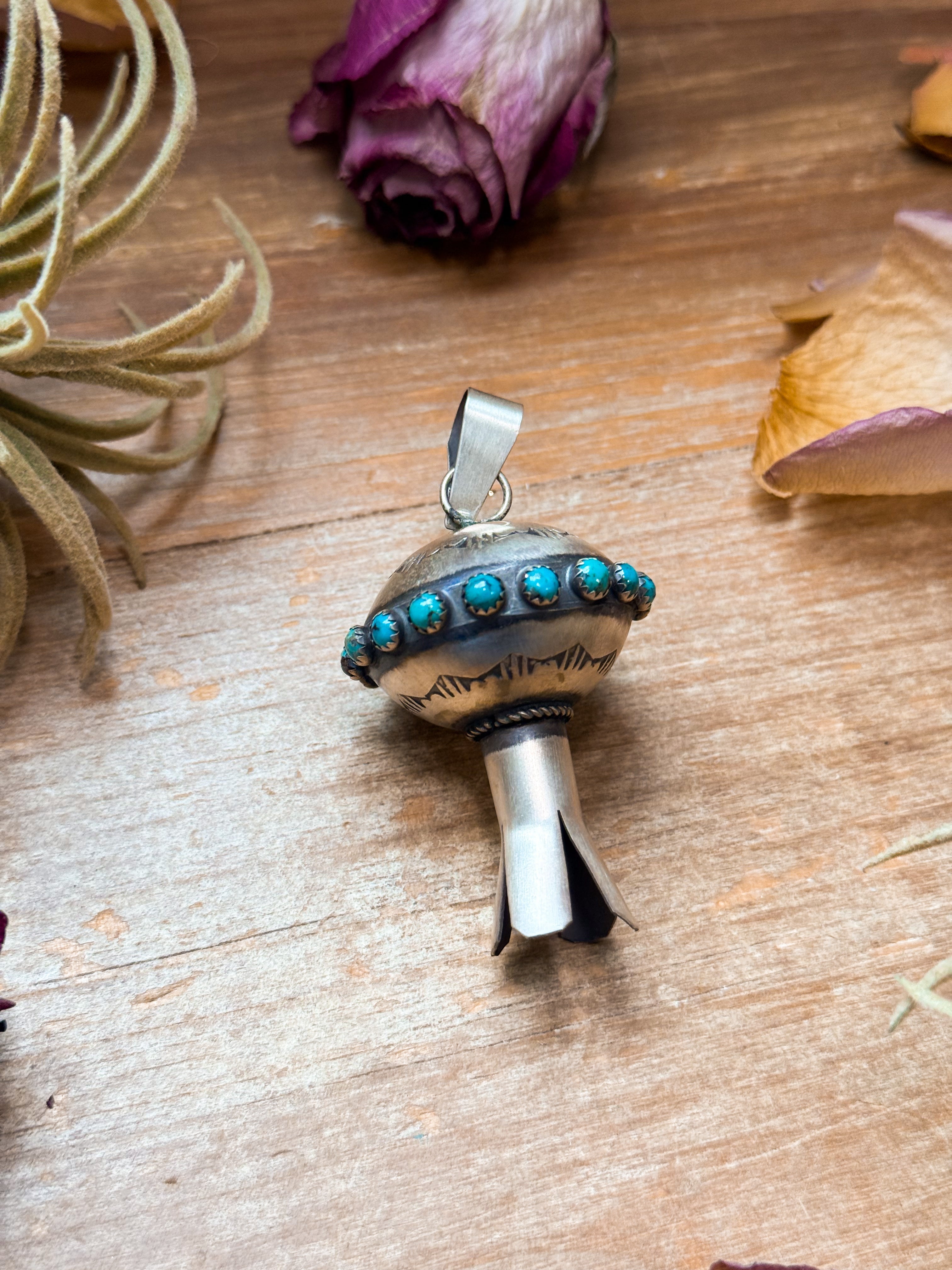 Sterling Silver Blossom Pendant with Kingman Turquoise – Native Made by M.S.