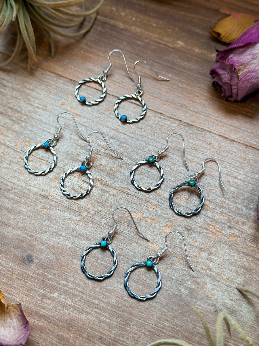 Sterling Silver Mini Hoop Dangle Earrings with Turquoise
