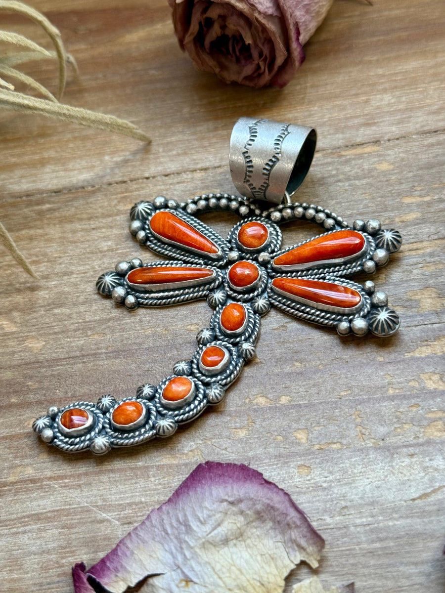Sterling Silver Orange Spiny Oyster Dragonfly Pendant – Fits Up to 15 mm Beads – Artist Shay Pfeiffer
