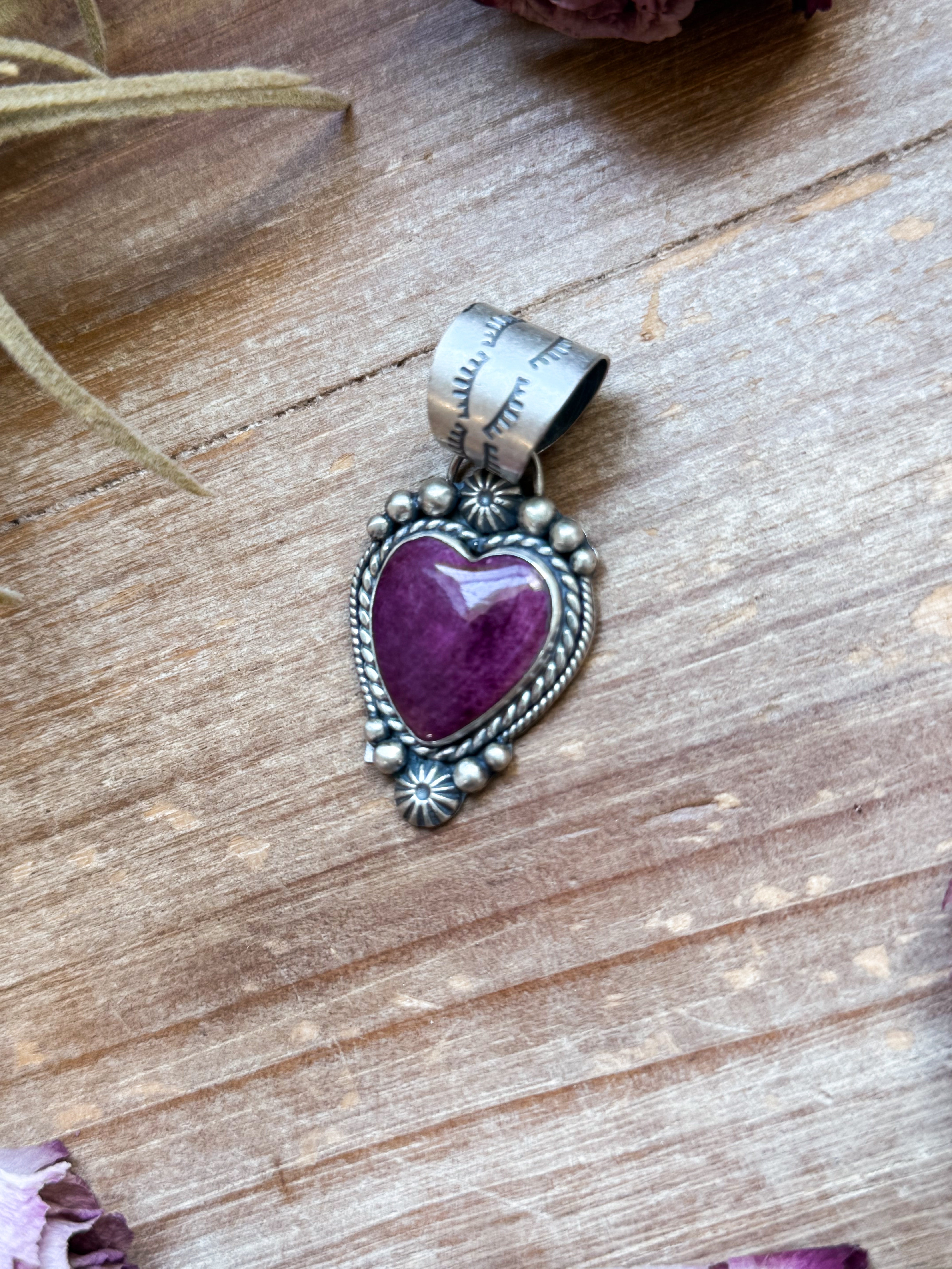 Sterling Silver Purple Spiny Oyster Heart Pendant – Handmade by Artist Shay Pfeiffer