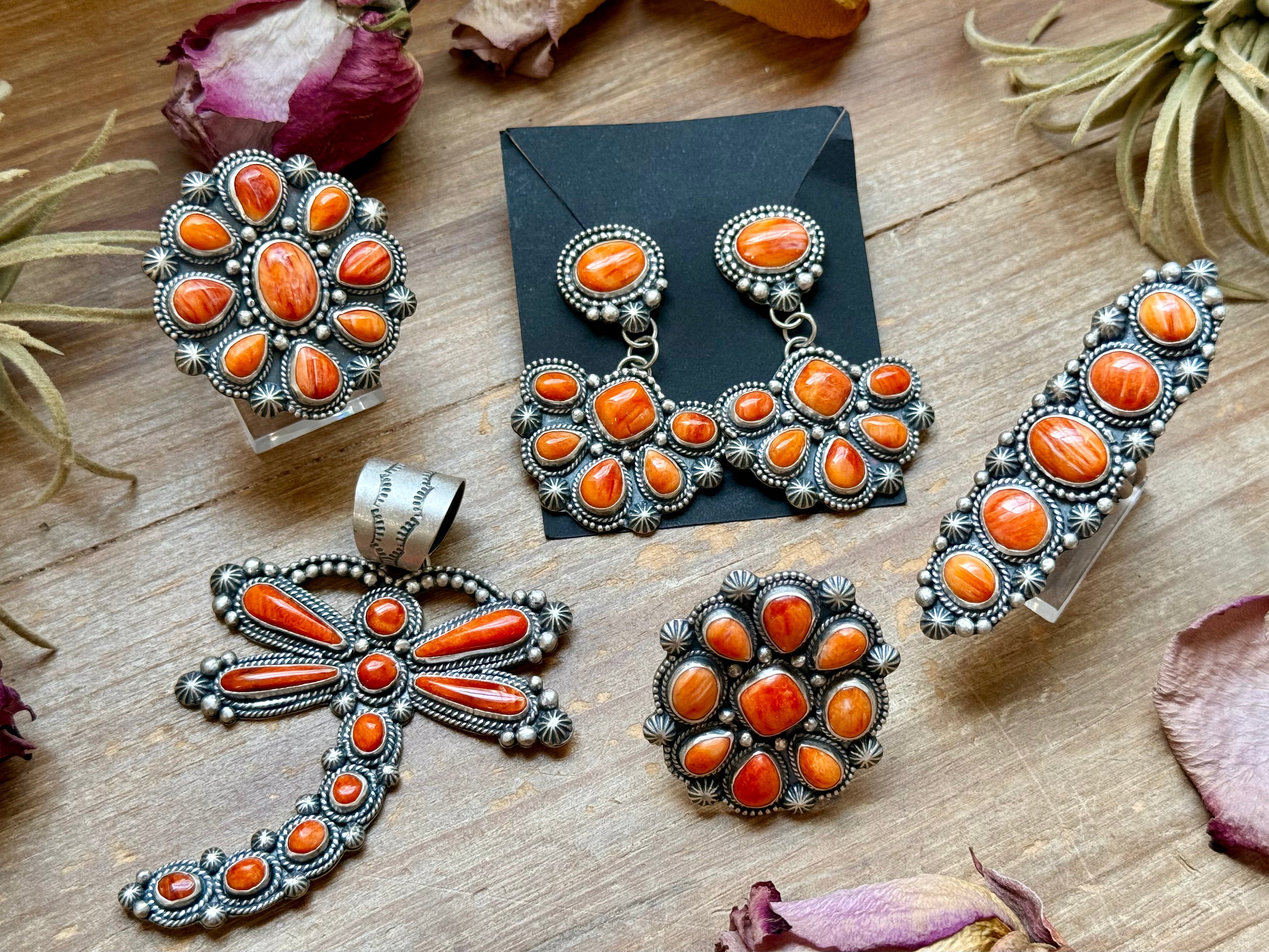 Sterling Silver Orange Spiny Oyster Half Cluster Dangle Earrings – Artist Shay Pfeiffer