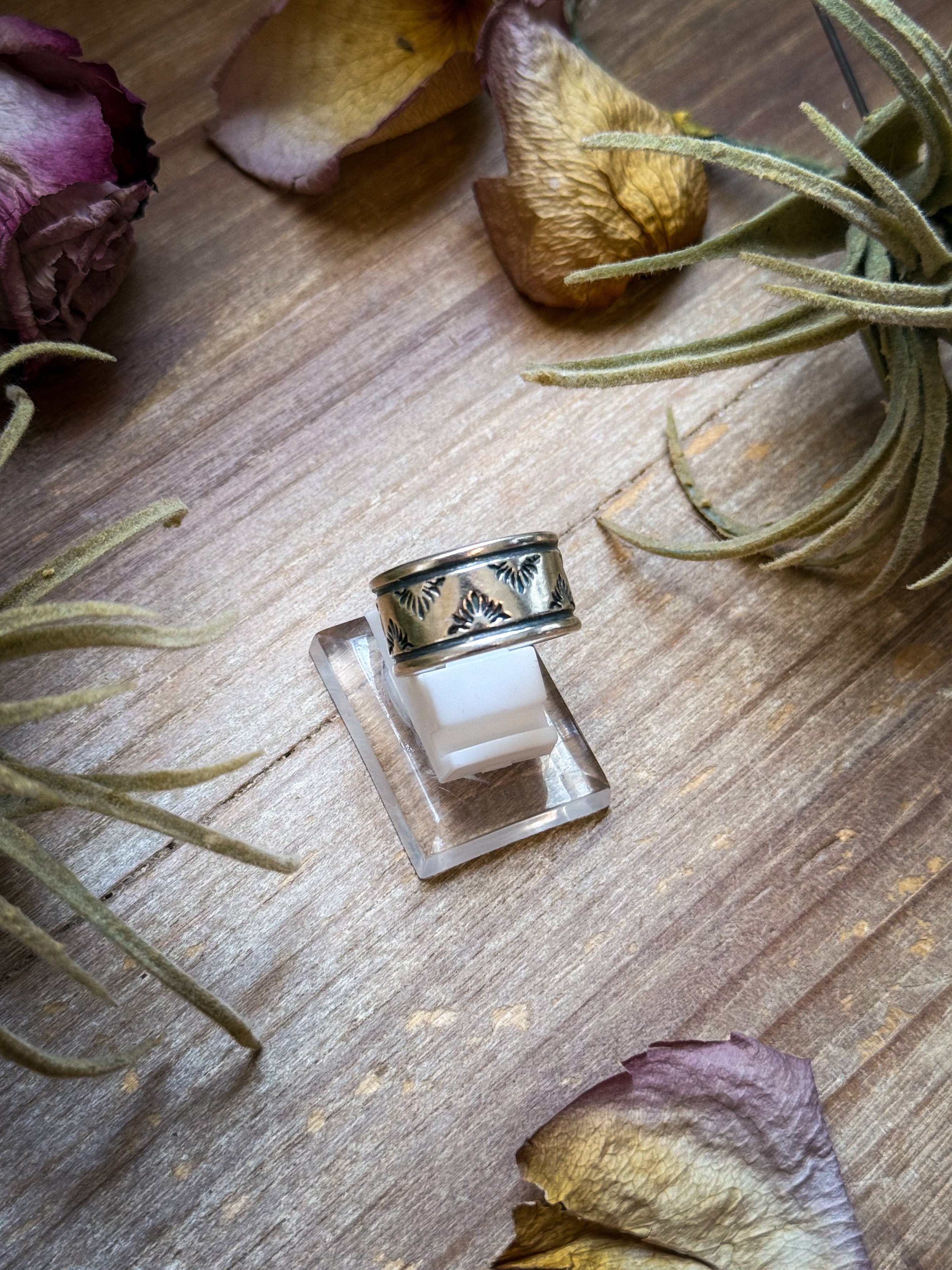 Sterling Silver Hand-Milled Wide Band Aloe Stamped Ring – Size 8.5 – Handmade by Artist Jason Ogg