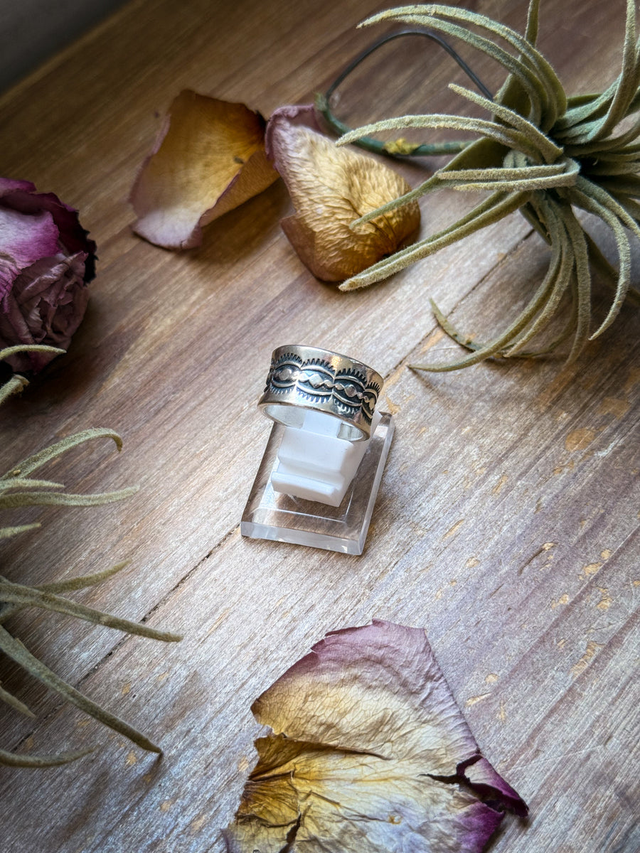 Sterling Silver Hand-Milled Wide Band Sun Ray Stamped Ring – Size 8.5 – Handmade by Artist Jason Ogg