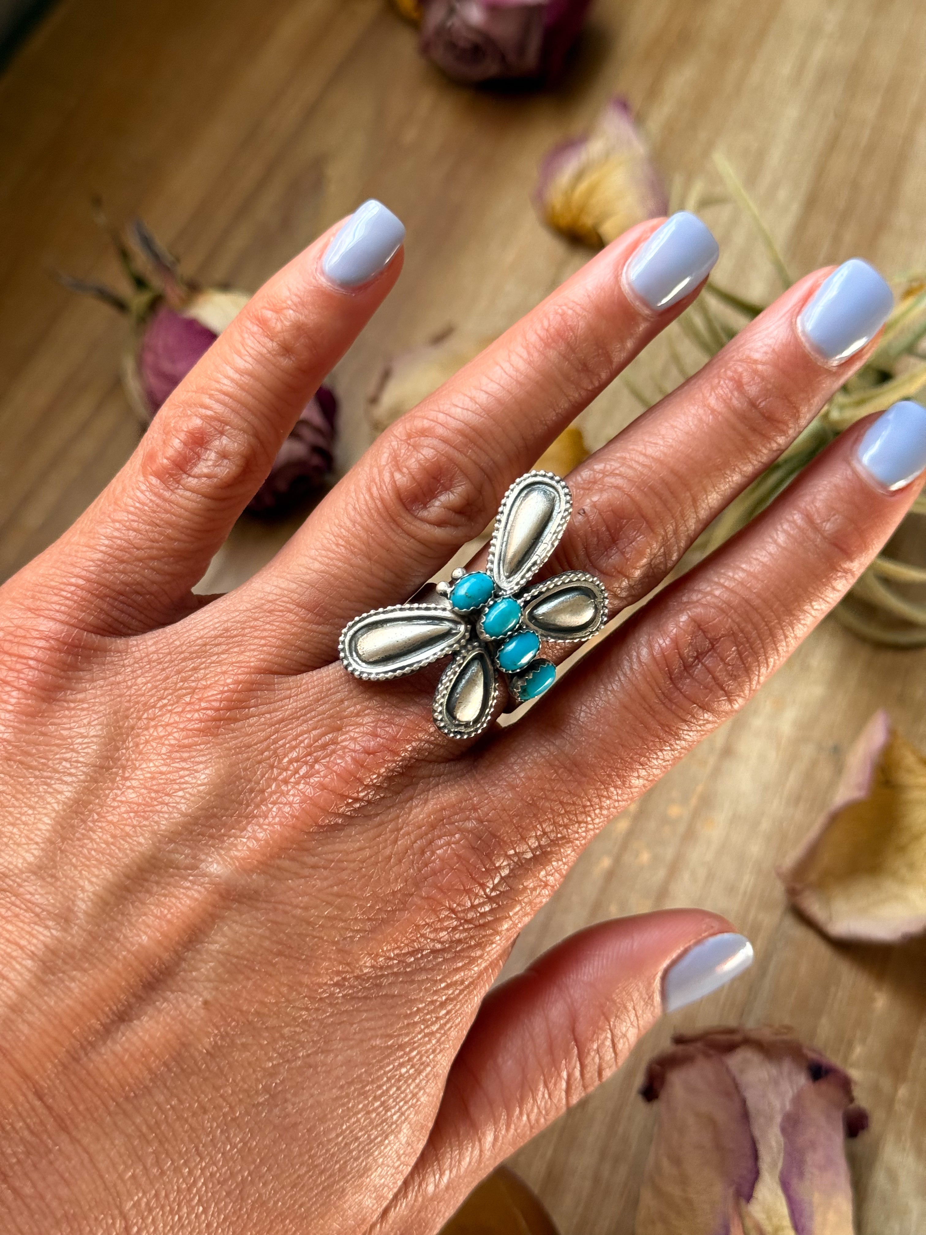 Sterling Silver Butterfly Ring with Kingman Turquoise – Adjustable
