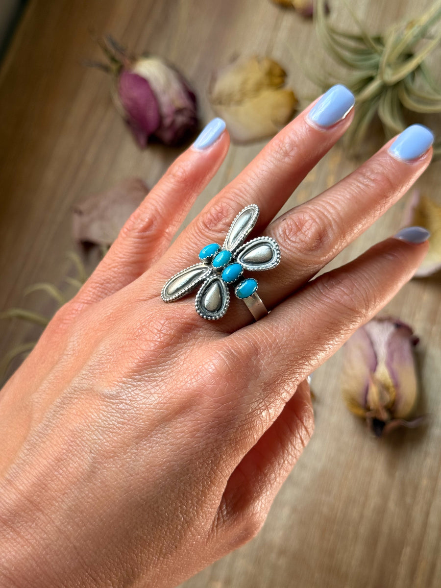 Sterling Silver Butterfly Ring with Kingman Turquoise – Adjustable