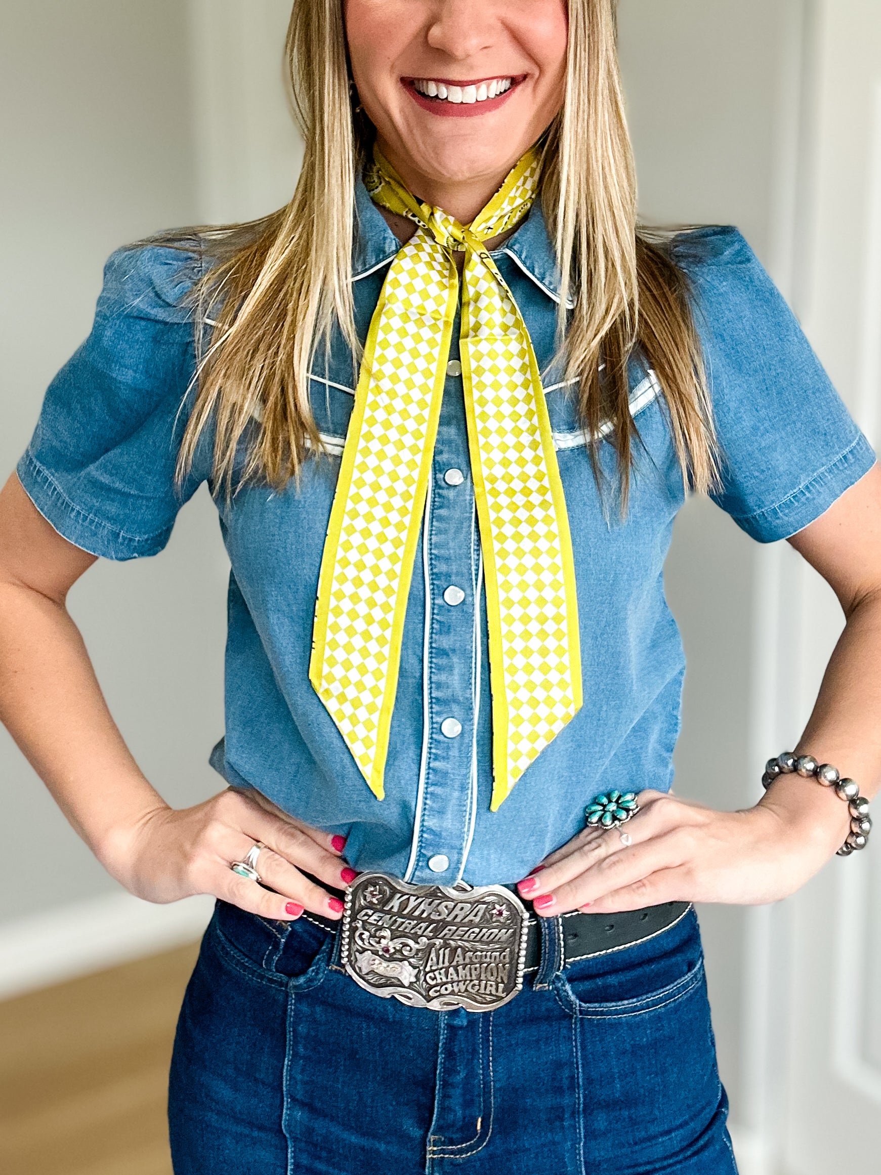 Pear colored Twilly scarf double sided with checkered and paisley design