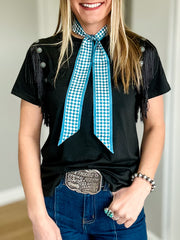 Turquoise Twilly scarf double sided with checkered and paisley design