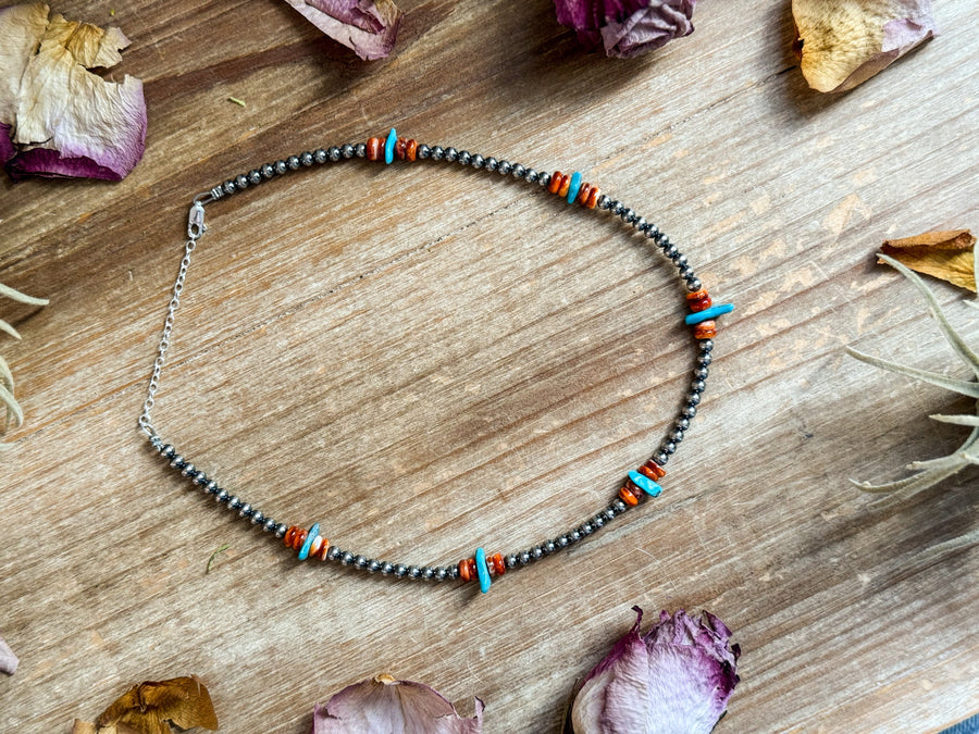 Sterling Silver Pearl Necklace with Orange Spiny Oyster & Sleeping Beauty Turquoise Chips – 14.5”