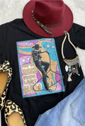 Black women’s short sleeve graphic tee that reads “You’ve Yeed Your Last Haw” with a colorful graphic of a cowboy jumping through a lasso loop.
