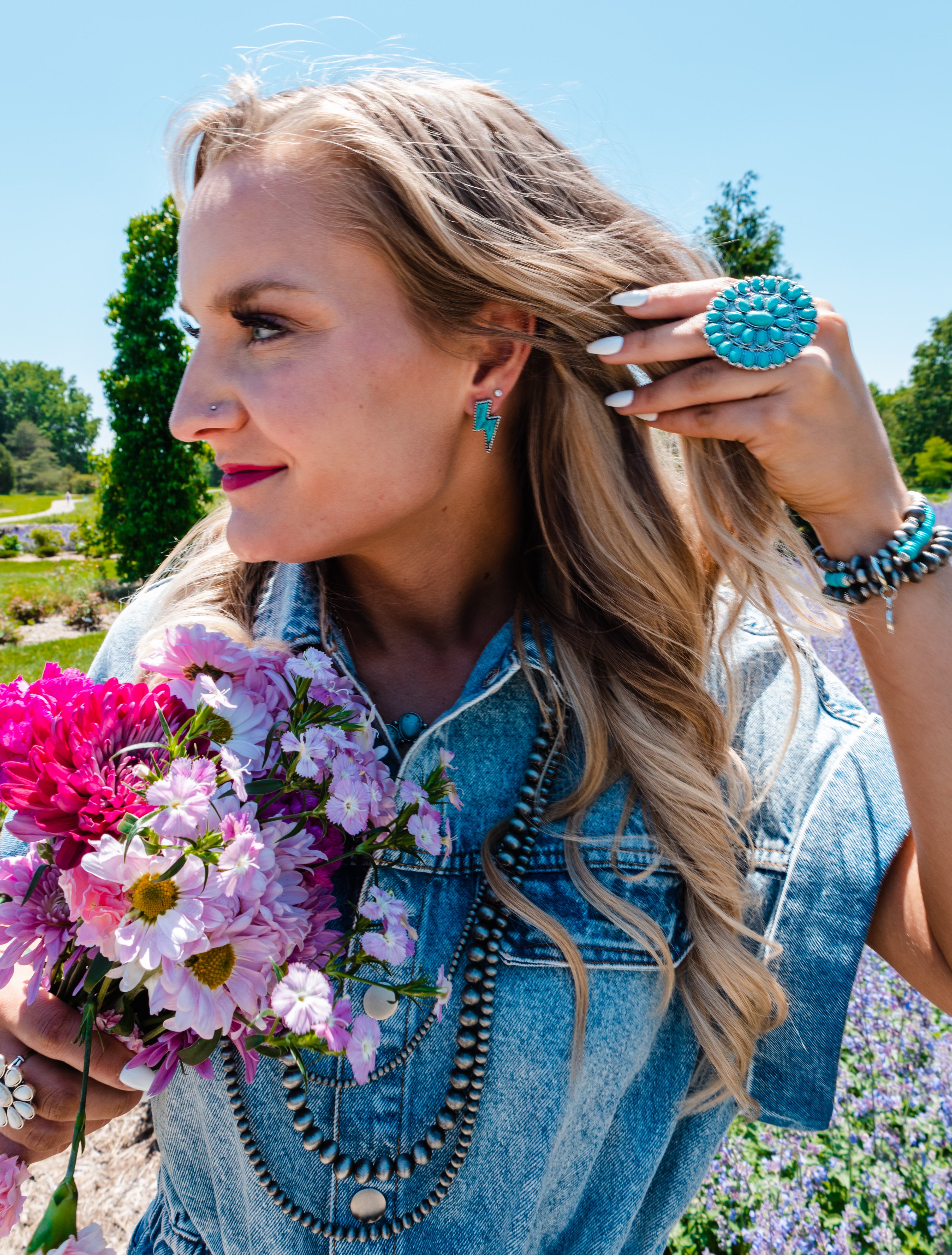 Faux turquoise lightning bolt shaped stud earrings 